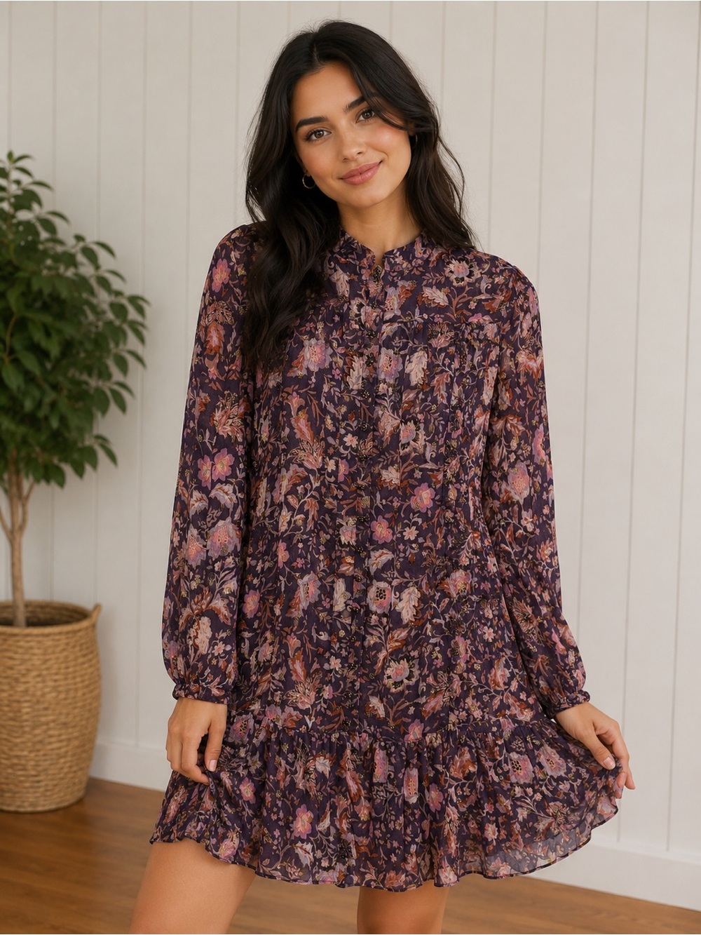 Olivaceous Purple Floral Dress with Pink & Gold Accents. With Gold Rose Buttons